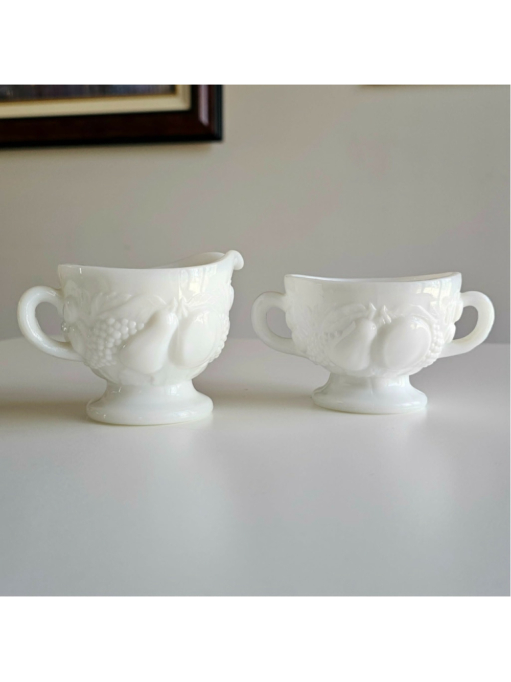 Vintage Westmoreland Milk Glass Harvest Creamer and Sugar Bowl Set MINT